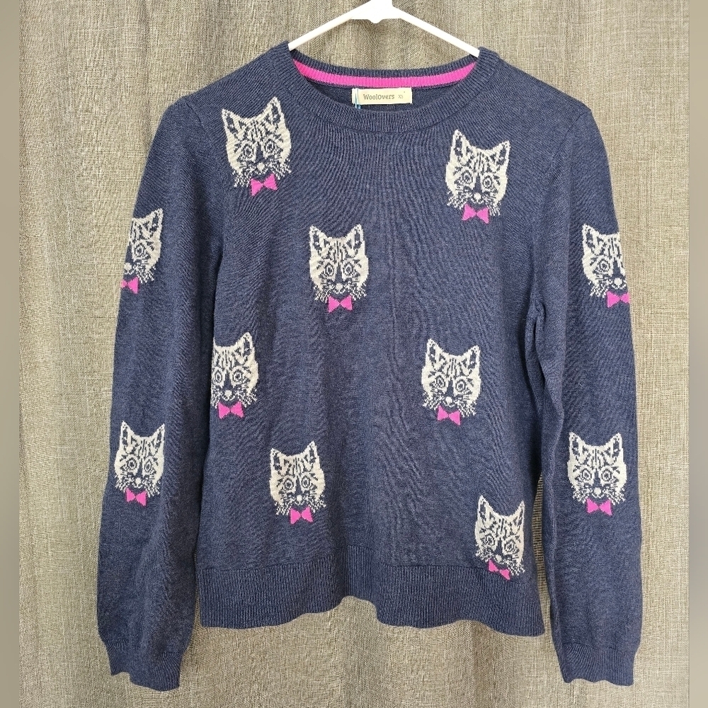Woolovers Blue Button Back Cat Face Sweater Size XS Cotton And Wool